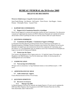 BUREAU FEDERAL Du 28 Février 2005 RELEVE DE DECISIONS