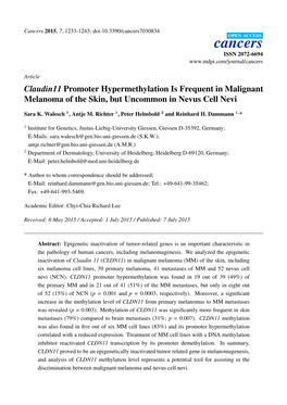 Claudin11 Promoter Hypermethylation Is Frequent in Malignant Melanoma of the Skin, but Uncommon in Nevus Cell Nevi