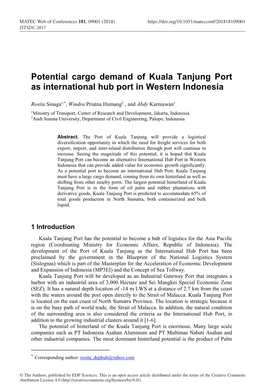 Potential Cargo Demand of Kuala Tanjung Port As International Hub Port in Western Indonesia