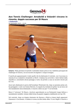Aon Tennis Challenger: Arnaboldi E Volandri Vincono in Rimonta, Doppio Successo Per Di Mauro Di Redazione 04 Settembre 2013 – 13:29