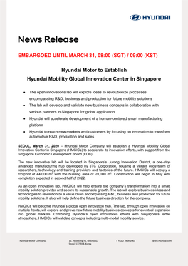 Hyundai Motor to Establish Hyundai Mobility Global Innovation Center in Singapore