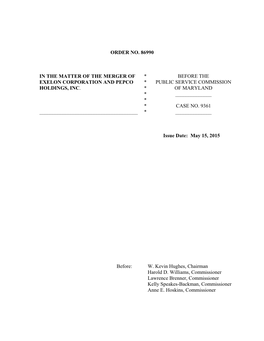 Case No. 9361 – Exelon-PHI Merger Decision with Dissenting Opinion