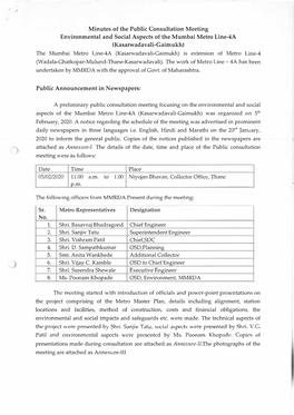 Minutes of the Public Consultation Meeting Environmental and Social Aspects of the Mumbai Metro Line-4A (Kasarwadavali-Gaimukh)