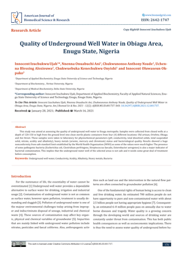 Quality of Underground Well Water in Enugu Metropolis, Nigeria