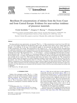 Beryllium-10 Concentrations of Tektites from the Ivory Coast and from Central Europe: Evidence for Near-Surface Residence of Precursor Materials