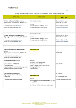 ESPACIO HORARIOS PRECIOS ESPACIO NATURAL PARRIZAL. Beceite Órgano Gestor: Ayuntamiento, 978 850 225 + Información En