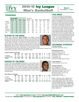 2014-15 Ivy League Men's Basketball INDIVIDUAL BASKETBALL STATISTICS Through Games of Nov 30, 2014 (All Games)