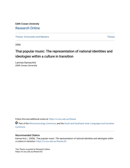 Thai Popular Music: the Representation of National Identities and Ideologies Within a Culture in Transition