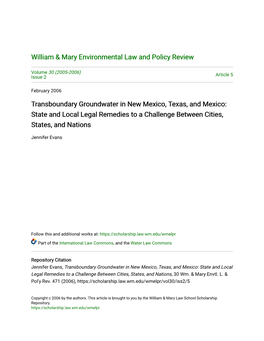 Transboundary Groundwater in New Mexico, Texas, and Mexico: State and Local Legal Remedies to a Challenge Between Cities, States, and Nations