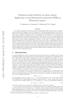 Nonlinear Model Reduction on Metric Spaces. Application to One-Dimensional Conservative Pdes in Wasserstein Spaces