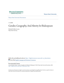 Gender, Geography, and Alterity in Shakespeare Elizabeth Valdez Acosta Wayne State University