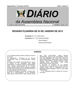Da Assembleia Nacional IX LEGISLATURA (2010-2014) 5.ª SESSÃO LEGISLATIVA
