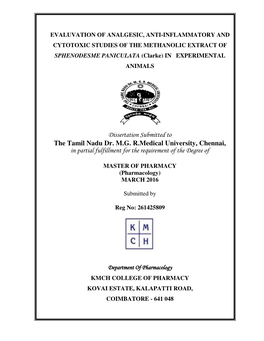 Dissertation Submitted to the Tamil Nadu Dr. M.G. R.Medical University, Chennai, in Partial Fulfillment for the Requirement of the Degree Of