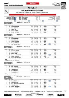 RESULTS 400 Metres Men - Round 1 First 2 in Each Heat (Q) and the Next 2 Fastest (Q) Advance to the Semi-Finals