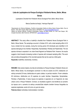Lista De Lepidoptera Do Parque Ecológico Felisberto Neves, Betim, Minas Gerais Lepidoptera Checklist from Felisberto Neves Ecological Park, Betim, Minas Gerais