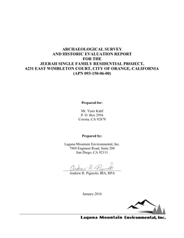 Archaeological Survey and Historic Evaluation Report for the Jeerah Single Family Residential Project, 6231 East Wimbleton Cour