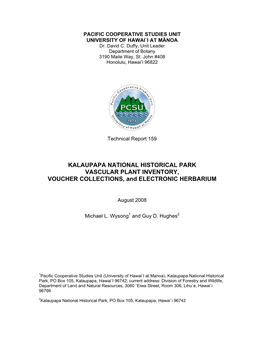 KALAUPAPA NATIONAL HISTORICAL PARK VASCULAR PLANT INVENTORY, VOUCHER COLLECTIONS, and ELECTRONIC HERBARIUM