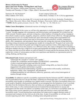 Queer and Trans Writing / Writing Queer and Trans ENGL 260, Section 1, Illinois State University,* Fall 2019 Tuesdays and Thursdays 12:35Pm–1:50Pm, Adlai E