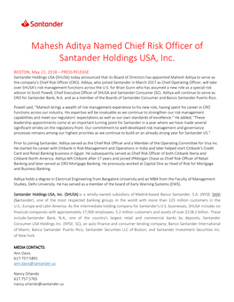 Mahesh Aditya Named Chief Risk Officer of Santander Holdings USA, Inc