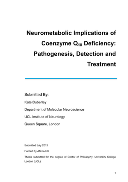 Neurometabolic Implications of Coenzyme Q10 Deficiency: Pathogenesis, Detection and Treatment 1