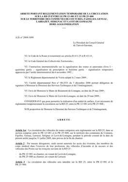 Arrete Portant Reglementation Temporaire De La Circulation Sur La Rd 25 Entre Le Pr 12+081 Et Le Pr 25+800 Sur Le Territoire