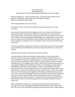 Board of Directors Meeting Minutes Friday, March 16, 2018 | Shared Spaces in Midland, Texas at 12:00Pm Board in Attendance