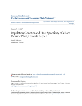 Population Genetics and Host Specificity of a Rare Parasitic Plant, Cuscuta Harperi Brandy N