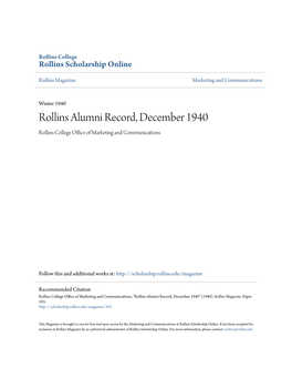 Rollins Alumni Record, December 1940 Rollins College Office Ofa M Rketing and Communications