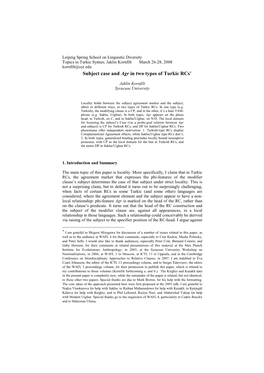 Subject Case and Agr in Two Types of Turkic Rcs*