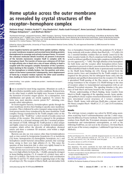 Heme Uptake Across the Outer Membrane As Revealed by Crystal Structures of the Receptor–Hemophore Complex