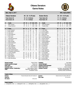 Ottawa Senators Game Notes