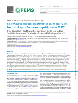 No Antibiotic and Toxic Metabolites Produced by the Biocontrol Agent