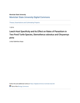 Leech Host Specificity and Its Effect on Rates of Parasitism in Two Pond Turtle Species, Sternotherus Odoratus and Chrysemys Picta