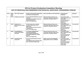 SPS 64-Project Evaluation Committee Meeting LIST of PROPOSALS RECOMMENDED for FINANCIAL ASSISTANCE- ENGINEERING STREAM