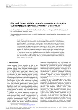 Diet Enrichment and the Reproductive Season of Captive Sunda Porcupine (Hystrix Javanica F