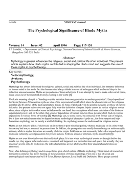 The Psychological Significance of Hindu Myths