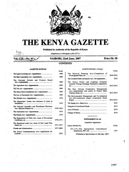 THE KENYA GAZETTE Published by Authority of the Republic of Kenya (Registered As a Newspaper at the G.P.O.) Vol