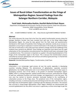 Issues of Rural-Urban Transformation on the Fringe of Metropolitan Region: Several Findings from the Selangor Northern Corridor, Malaysia