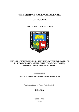 Usos Tradicionales De La Diversidad Vegetal: Bases De La Etnobotánica - En El Distrito De Cajatambo, Provincia De Cajatambo, Lima”