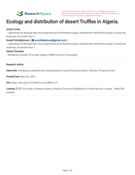 Ecology and Distribution of Desert Tru Es in Algeria