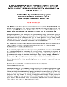 Global Superstar Jake Paul to Face Former Ufc Champion Tyron Woodley Headlining Showtime Ppv® Boxing Event on Sunday, August 29