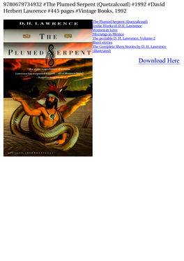 9780679734932 #The Plumed Serpent (Quetzalcoatl) #1992 #David Herbert Lawrence #445 Pages #Vintage Books, 1992