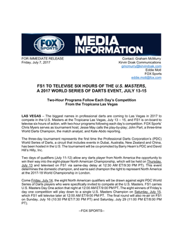 Fs1 to Televise Six Hours of the U.S. Masters, a 2017 World Series of Darts Event, July 13-15