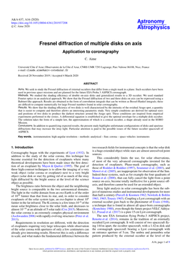 Fresnel Diffraction of Multiple Disks on Axis Application to Coronagraphy