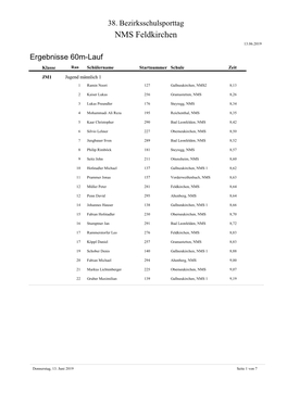 60M-Lauf Klasse Ran Schülername Startnummer Schule Zeit JM1 Jugend Männlich 1