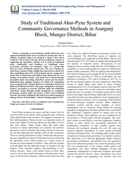 Study of Traditional Ahar-Pyne System and Community Governance Methods in Asarganj Block, Munger District, Bihar