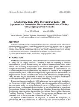 A Preliminary Study of the Macrocentrus Curtis, 1833 (Hymenoptera: Braconidae: Macrocentrinae) Fauna of Turkey, with Zoogeographical Remarks