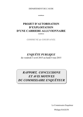 Rapport, Conclusions Et Avis Motives Du Commissaire