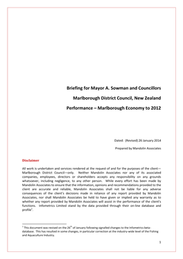 Briefing for Mayor A. Sowman and Councillors Marlborough District Council, New Zealand Performance – Marlborough Economy to 20