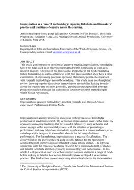 Improvisation As a Research Methodology: Exploring Links Between Filmmakers’ Practice and Traditions of Enquiry Across the Academy